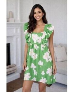 The Lulo Project Sz L Green Smocked Cutout Back Pullover Mini Dress in Hibiscus
